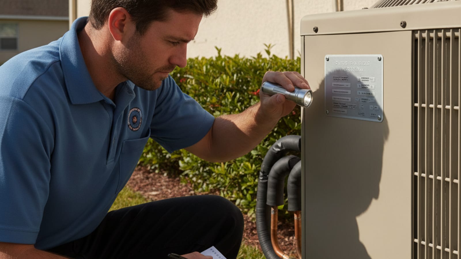 A technician checking the data plate on an outdoor AC condenser outside a two story Wesley Chapel home