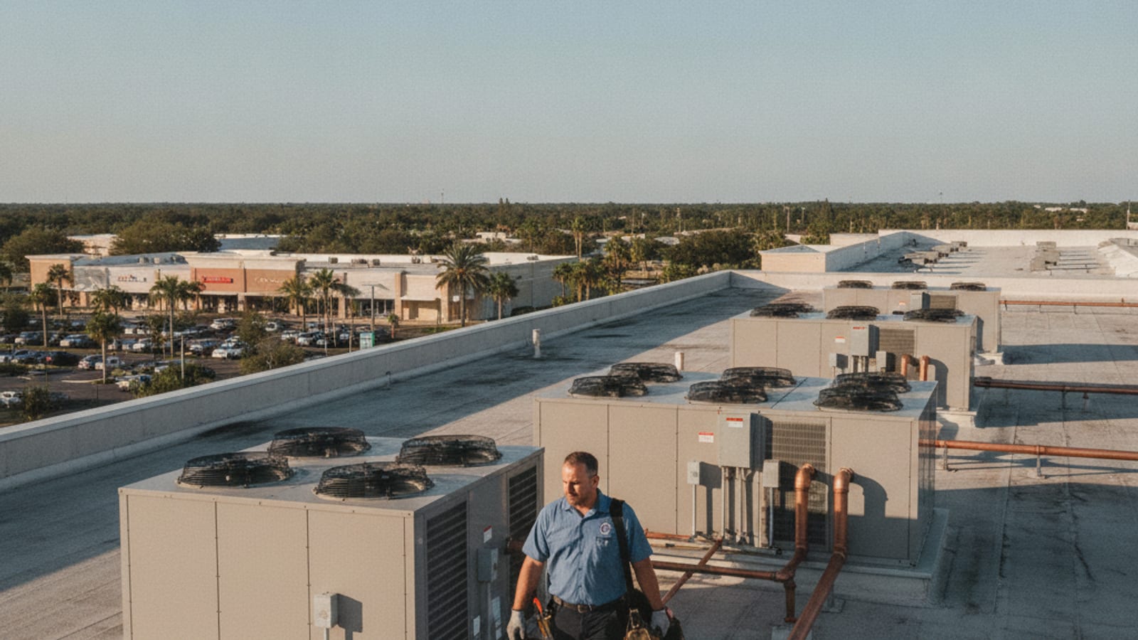 Rooftop commercial HVAC package units on a retail building along the Wiregrass corridor near Wesley Chapel
