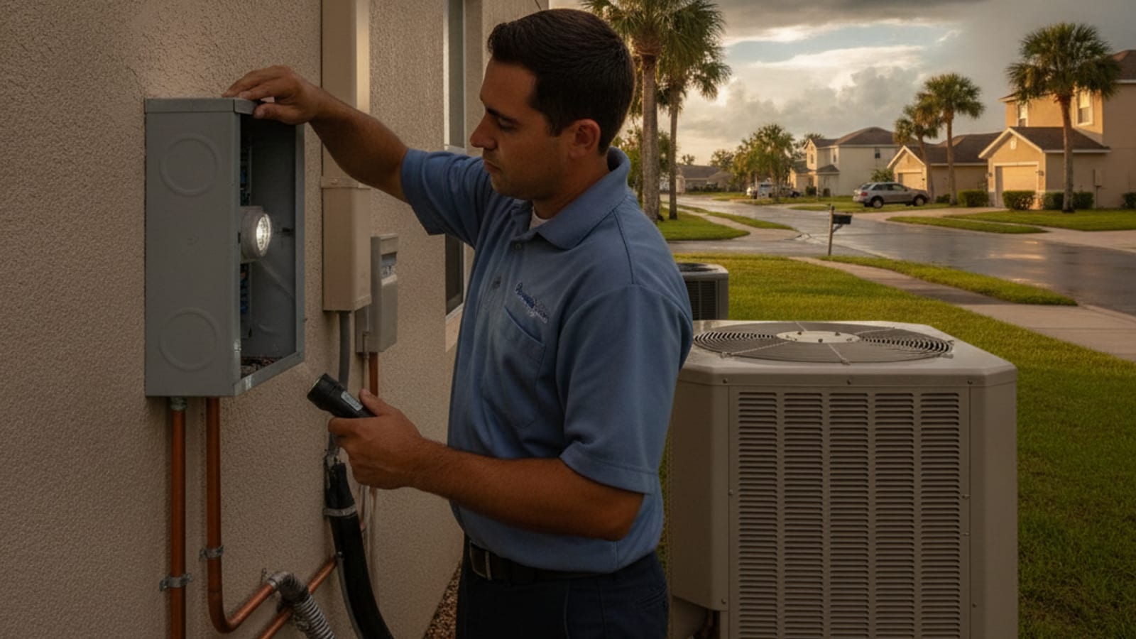 An outdoor AC disconnect box beside a home in Wesley Chapel after a summer storm outage