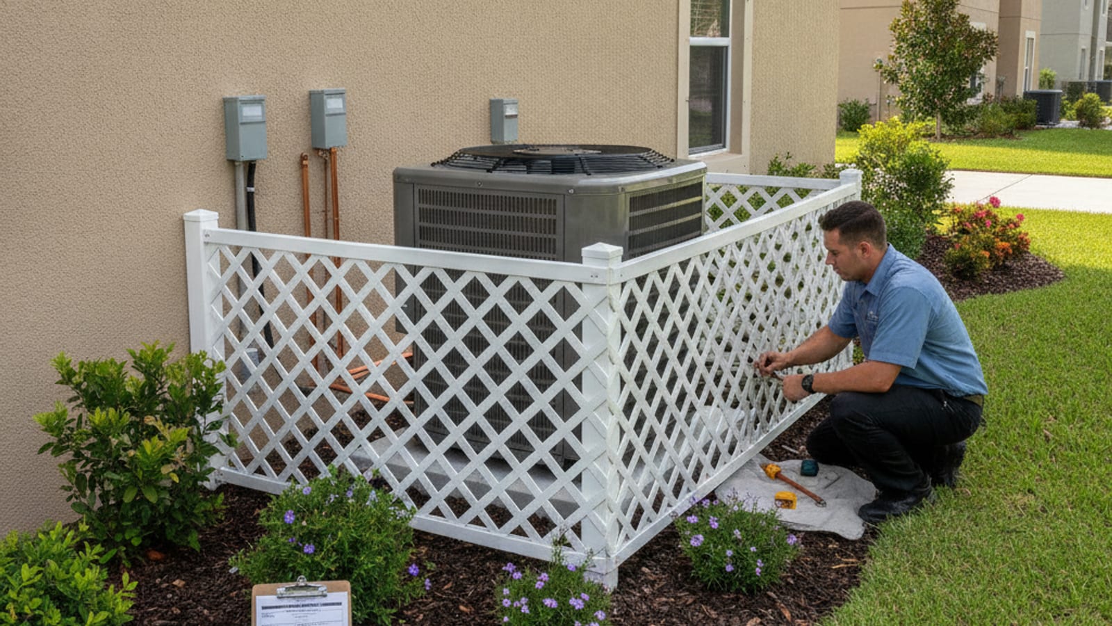 An outdoor AC condenser screened by a low fence panel beside a home in an HOA governed Florida community