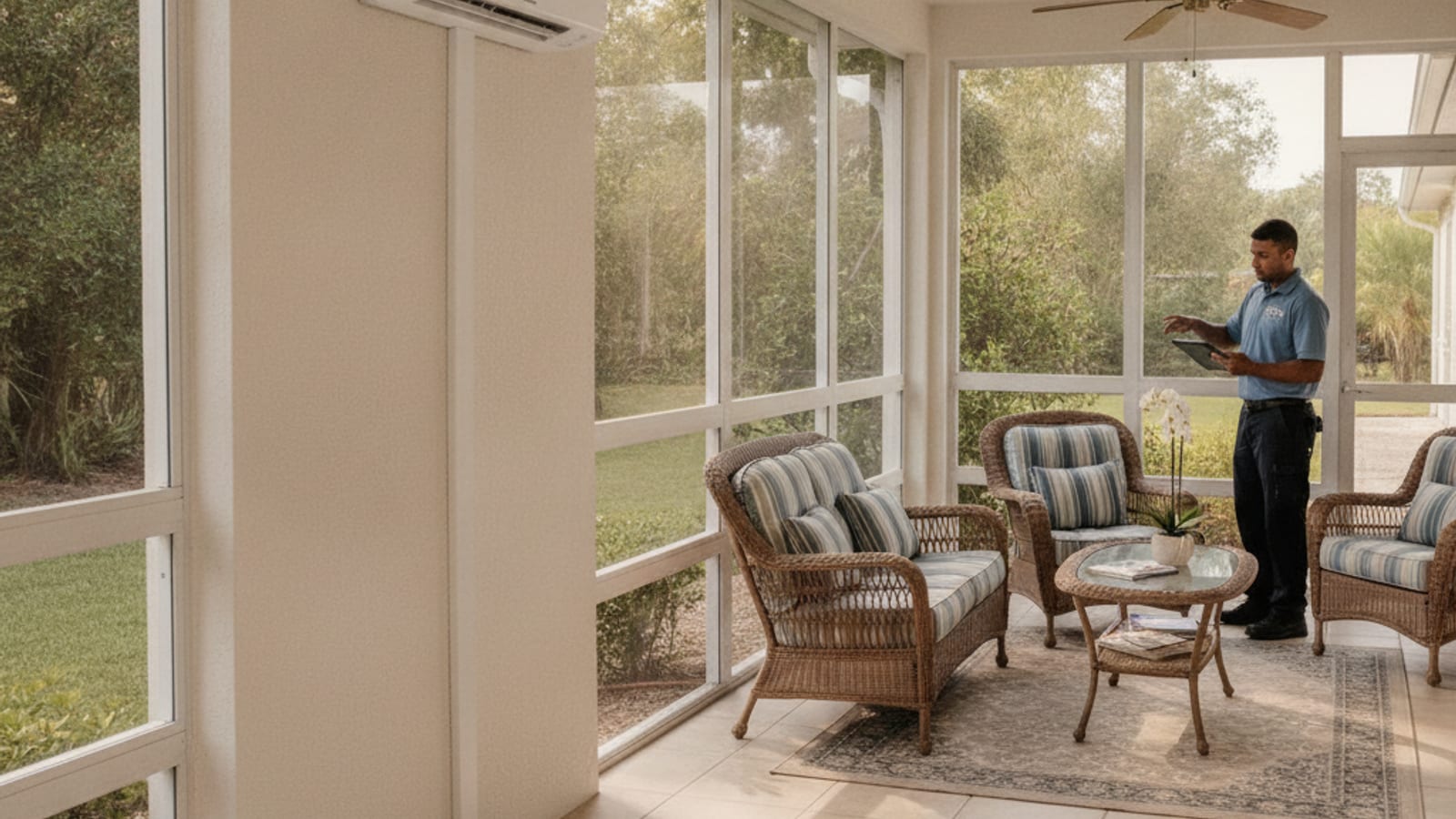 A single zone mini-split indoor unit mounted on the wall of an enclosed Florida lanai
