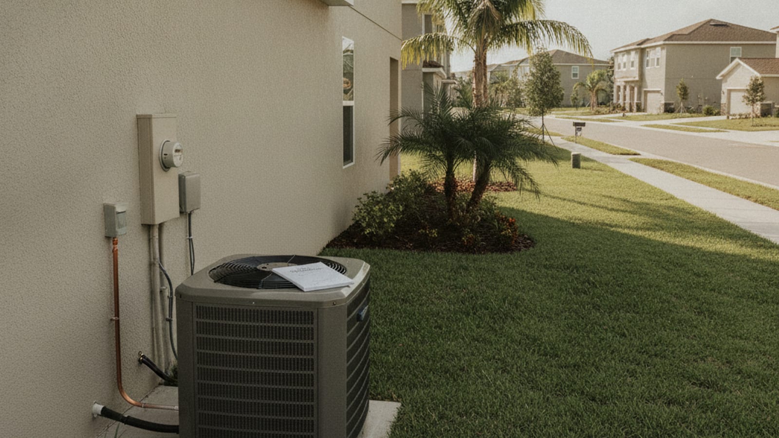 A new production built home with an outdoor AC condenser in a Wesley Chapel master planned community