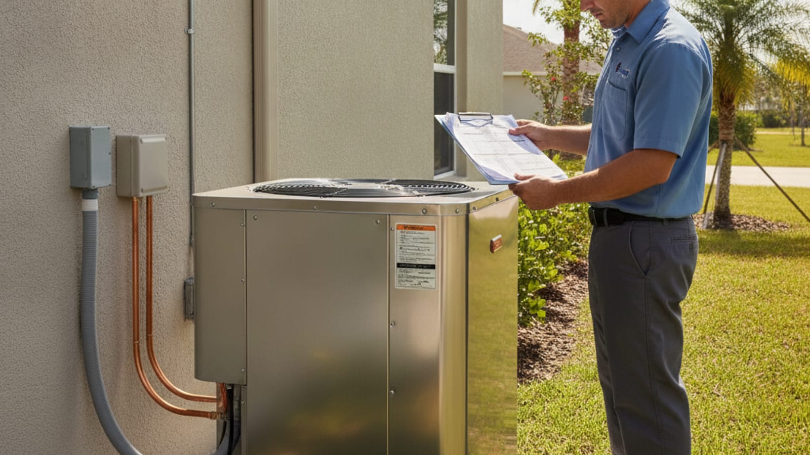 A new heat pump condenser beside a two story home in a Wesley Chapel master planned community