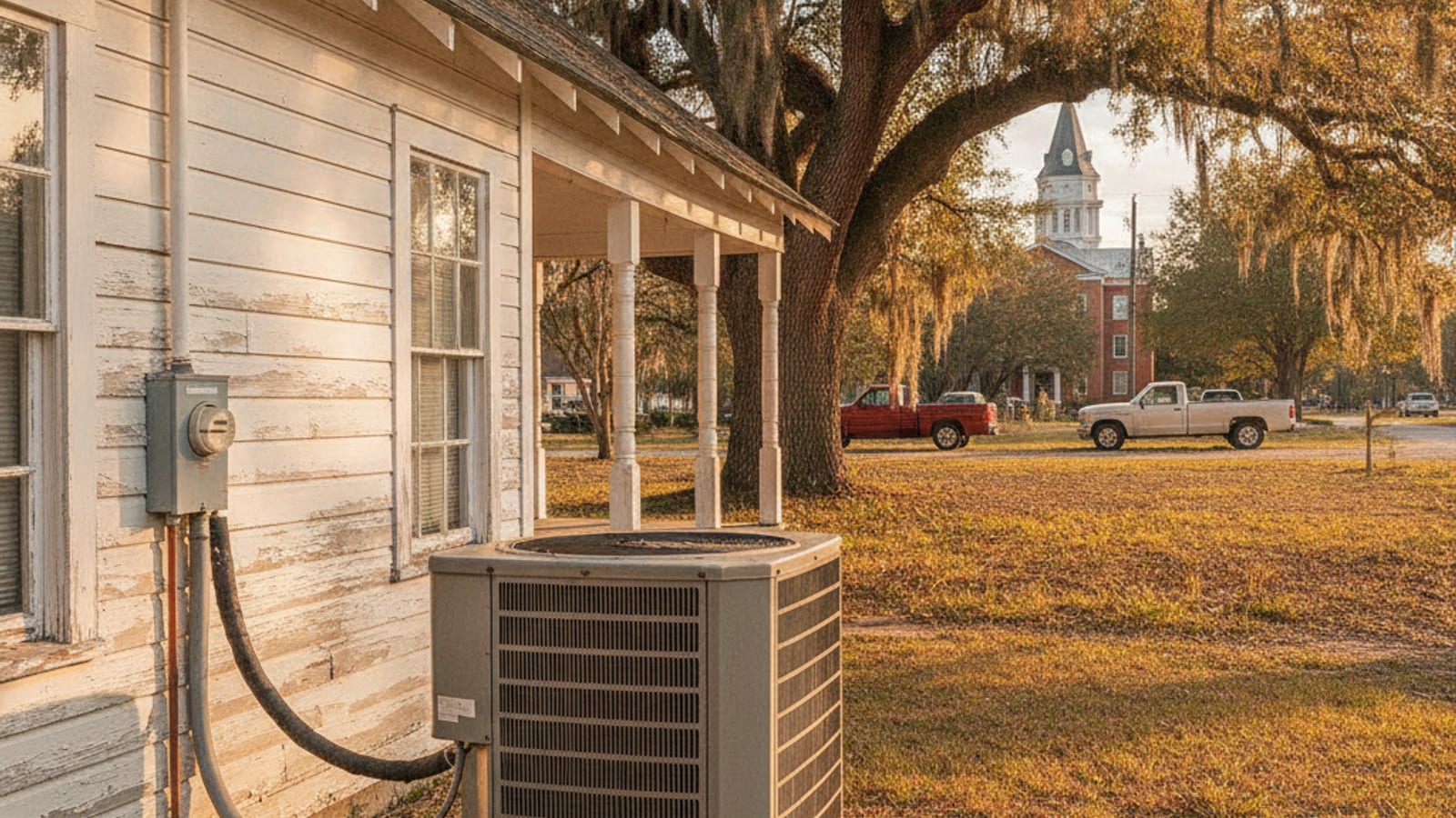 An older central air condenser beside a historic home near downtown Dade City Florida