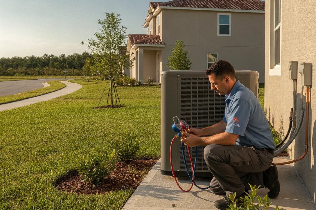 Wesley Chapel HVAC technician servicing a home AC condenser unit