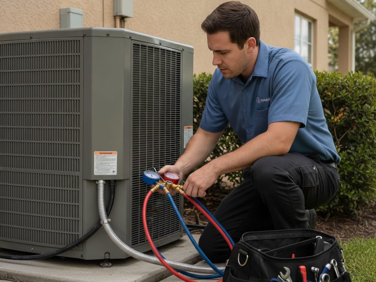Wesley Chapel Air Pro HVAC technician answering questions at a customer's door