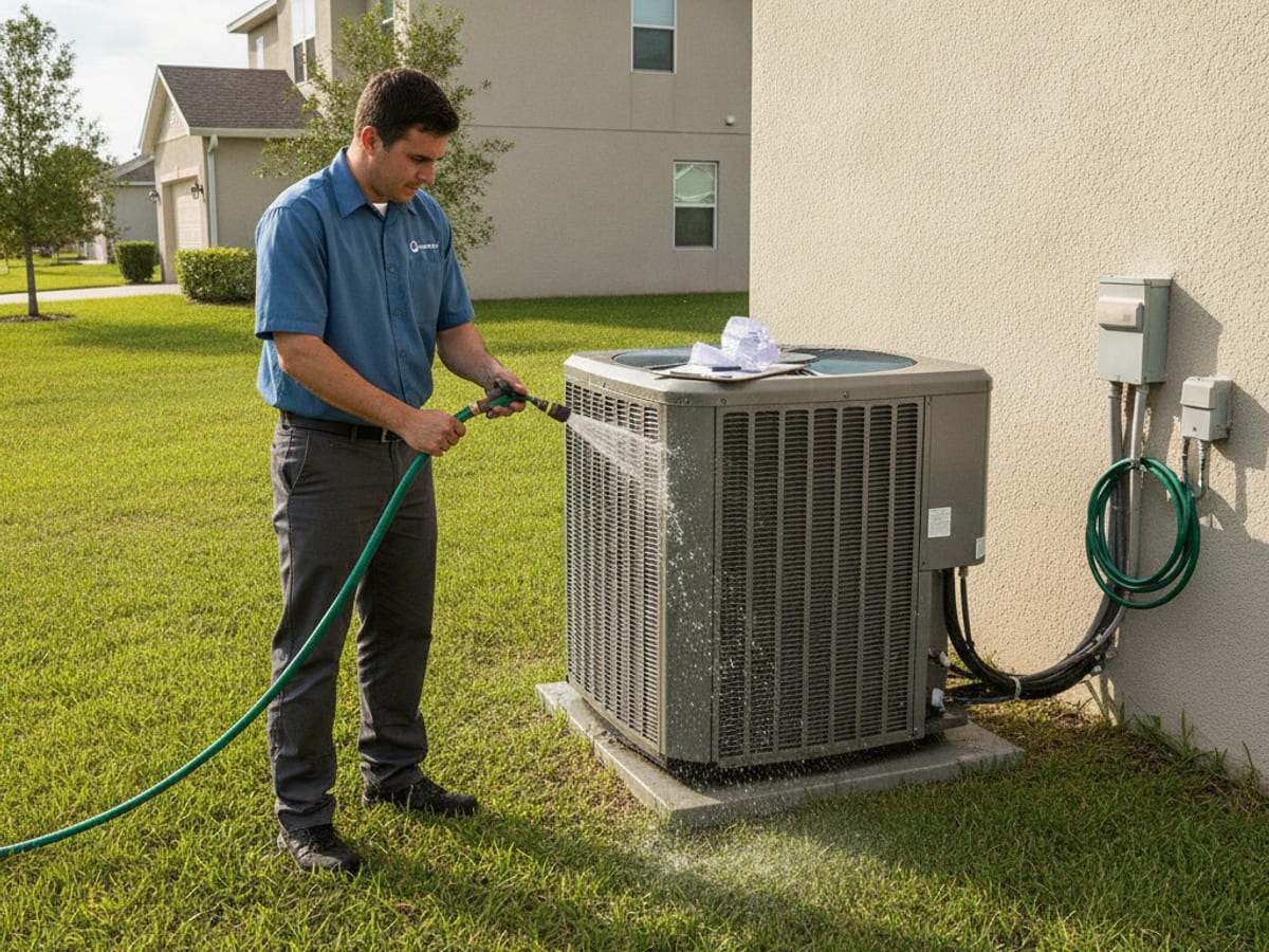Technician washing an outdoor AC condenser coil during a spring tune-up in Pasco County