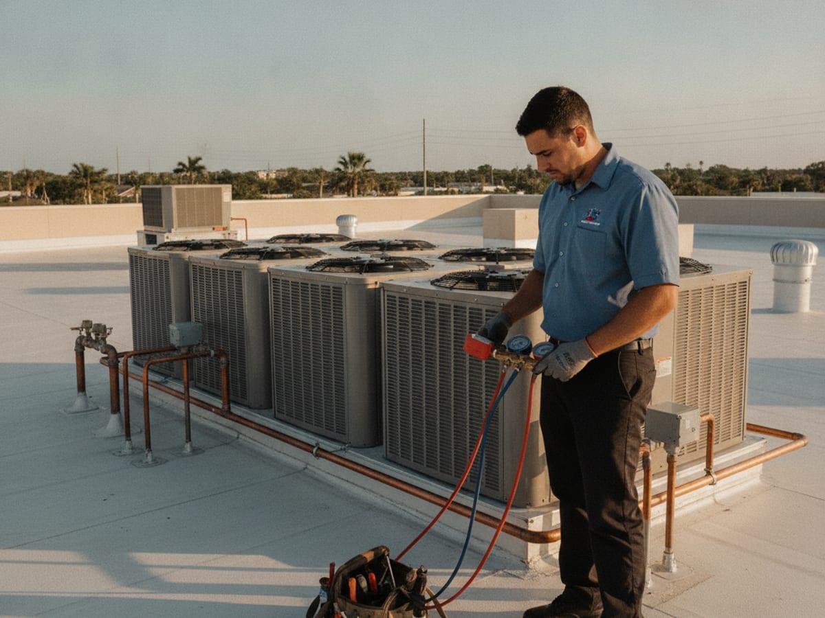 Rooftop HVAC unit being serviced on a commercial building near Wesley Chapel