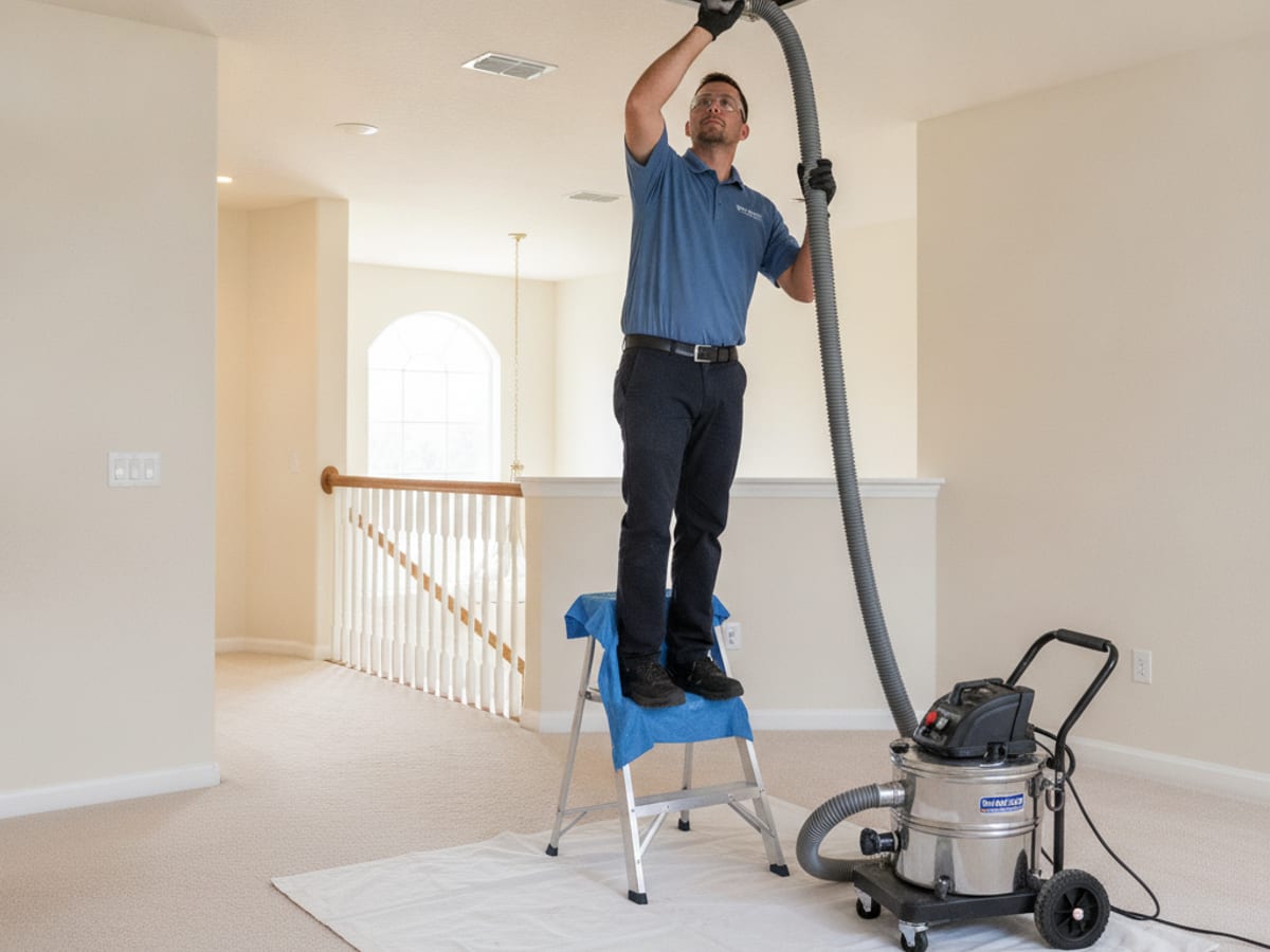 Technician running a duct cleaning hose into a ceiling register in a Wesley Chapel home