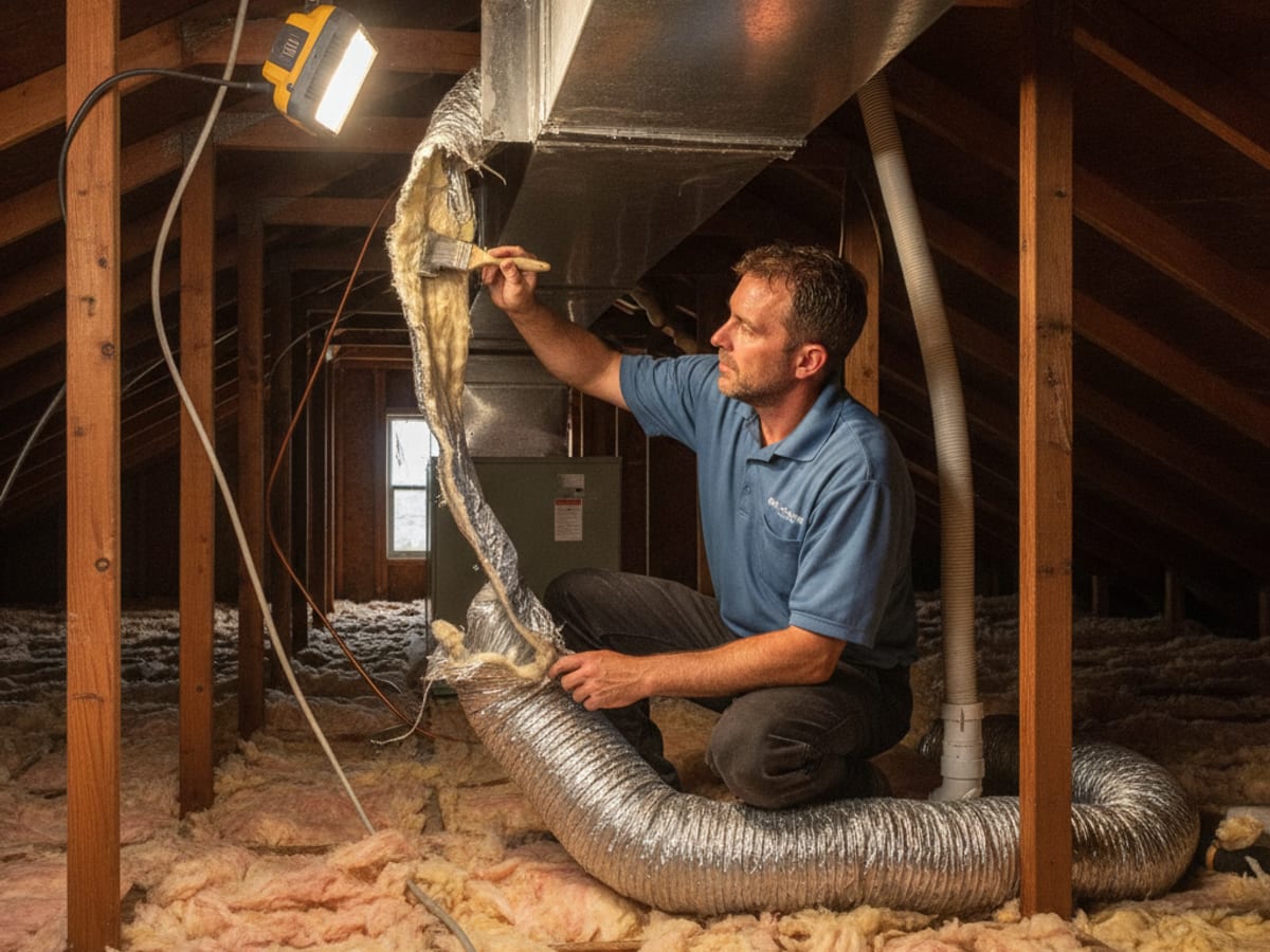 Technician repairing flexible ductwork in a Wesley Chapel area attic