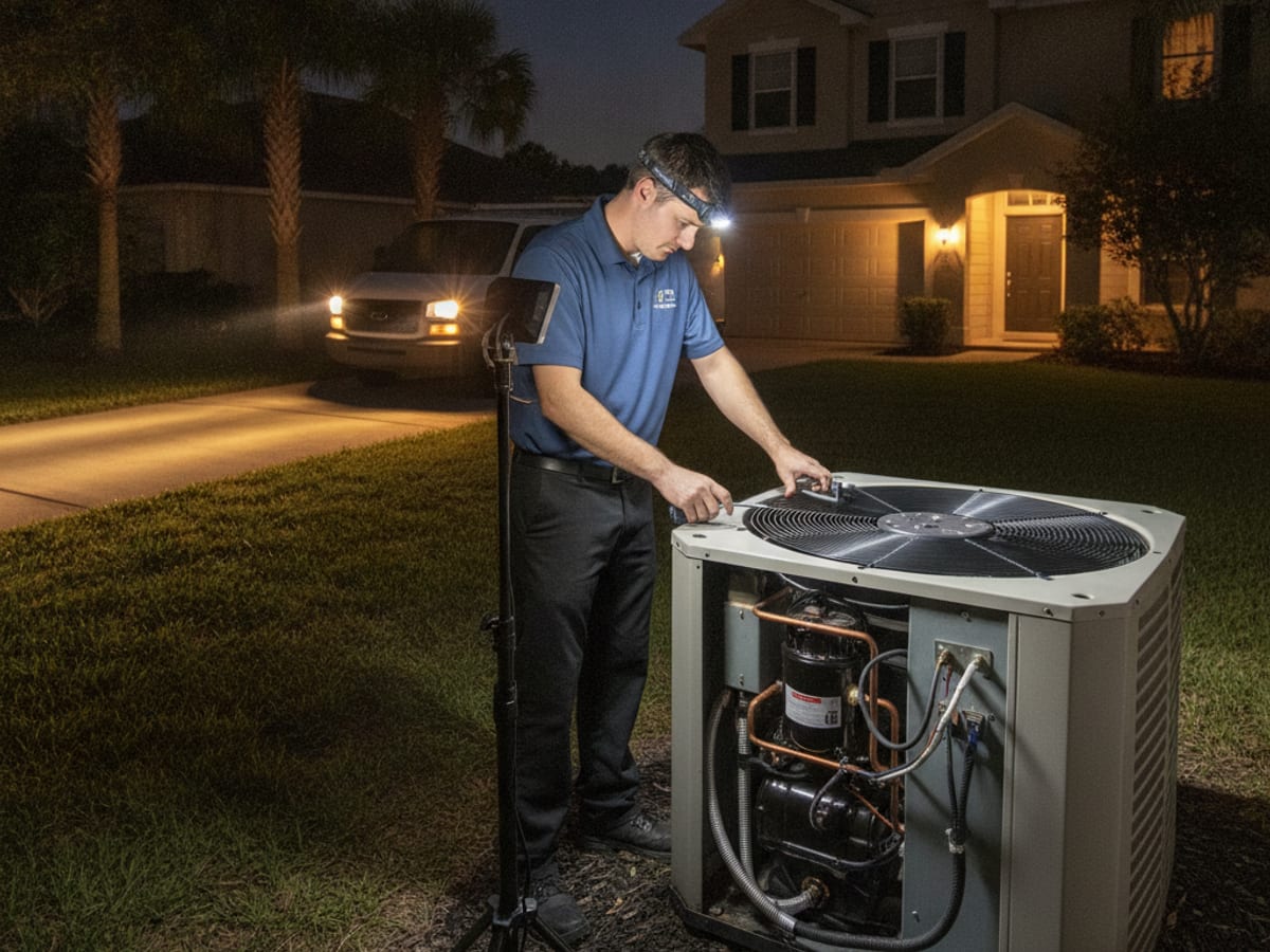 HVAC service van parked outside a Wesley Chapel area home at night for an emergency call
