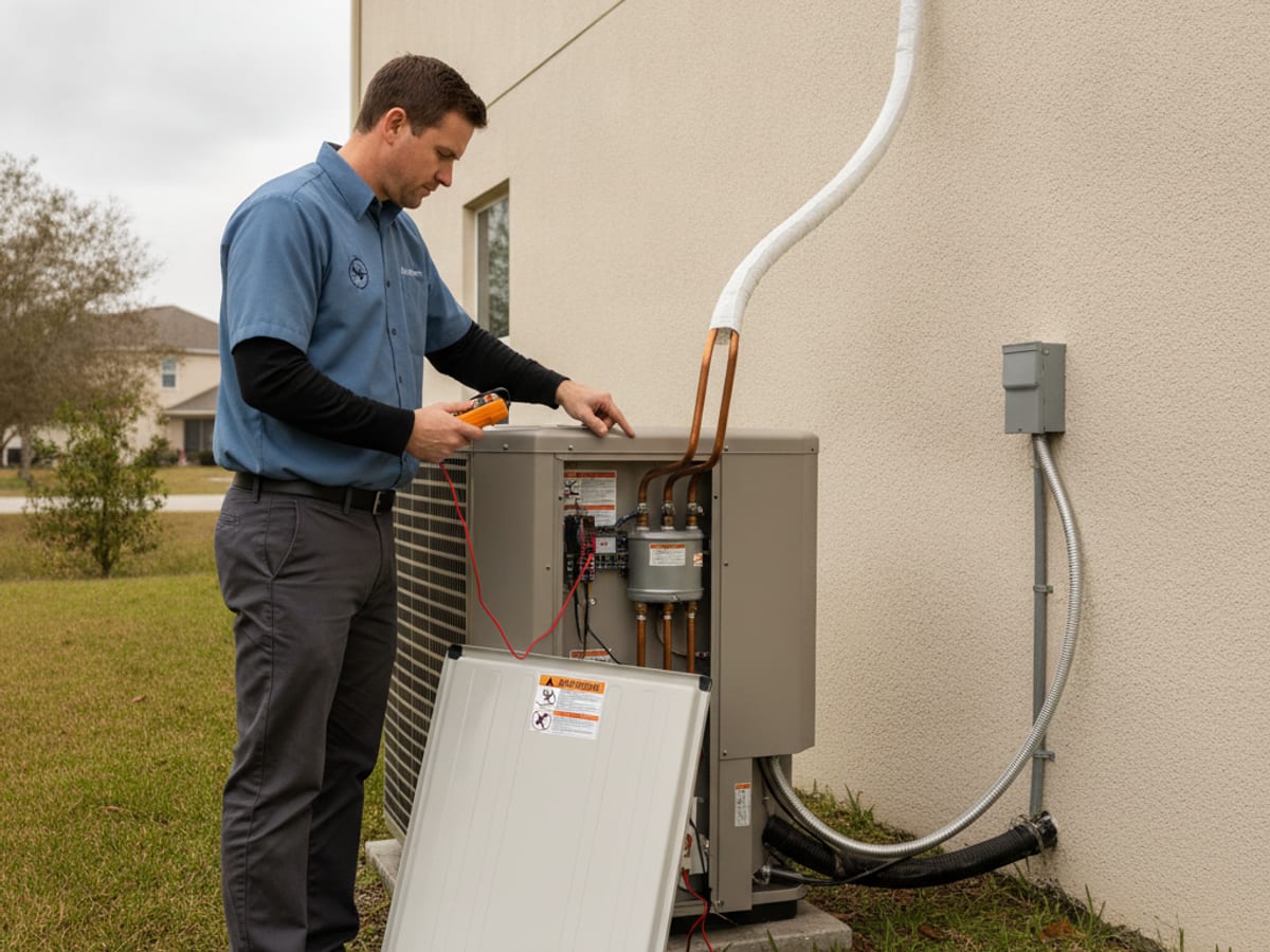 Heat pump condenser unit installed outside a two-story home in Wesley Chapel