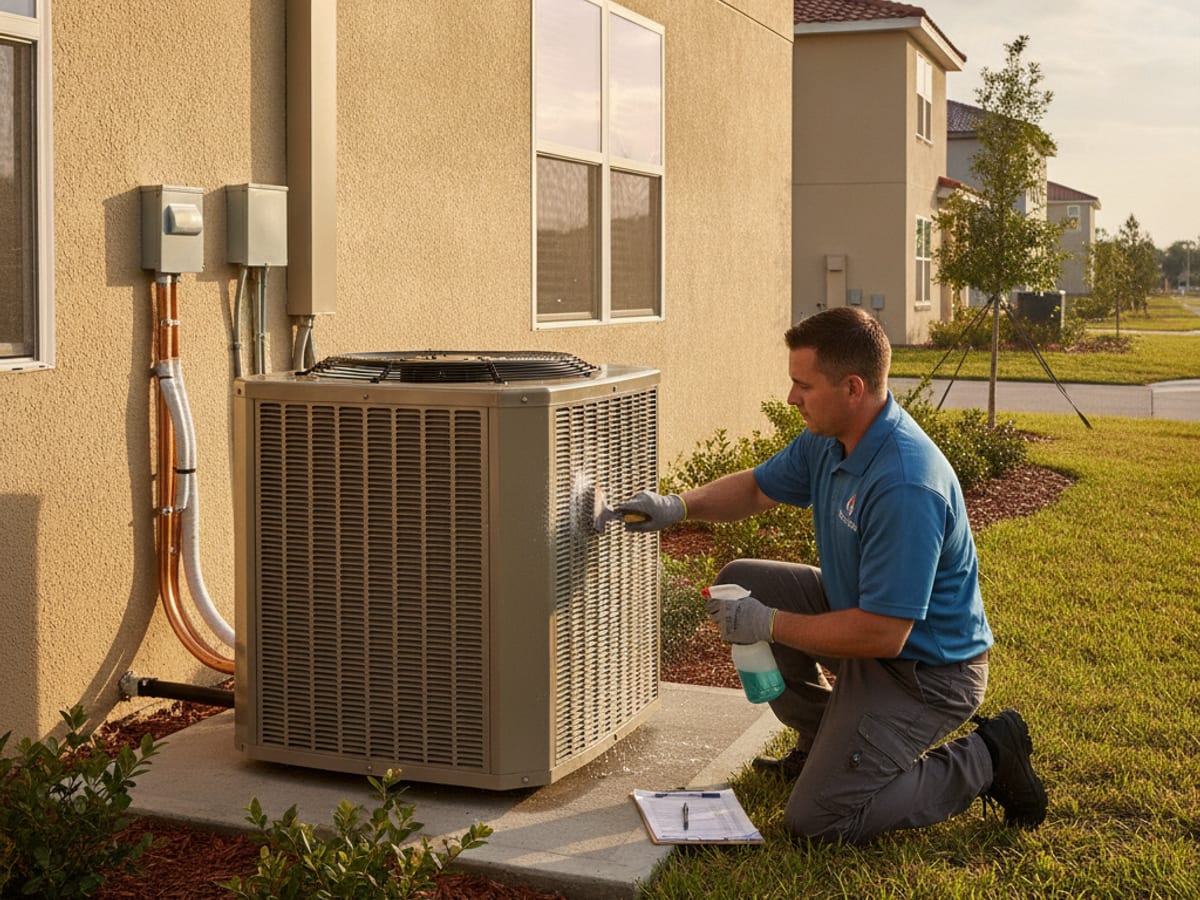 Technician checking refrigerant gauges during an HVAC maintenance visit at a Pasco County home