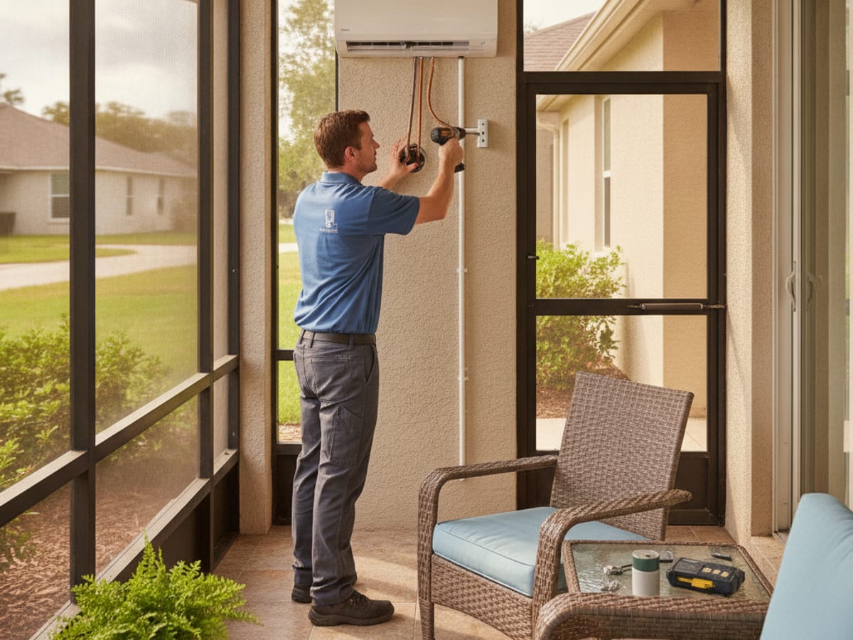 Wall-mounted mini split indoor unit installed in an enclosed lanai in Wesley Chapel