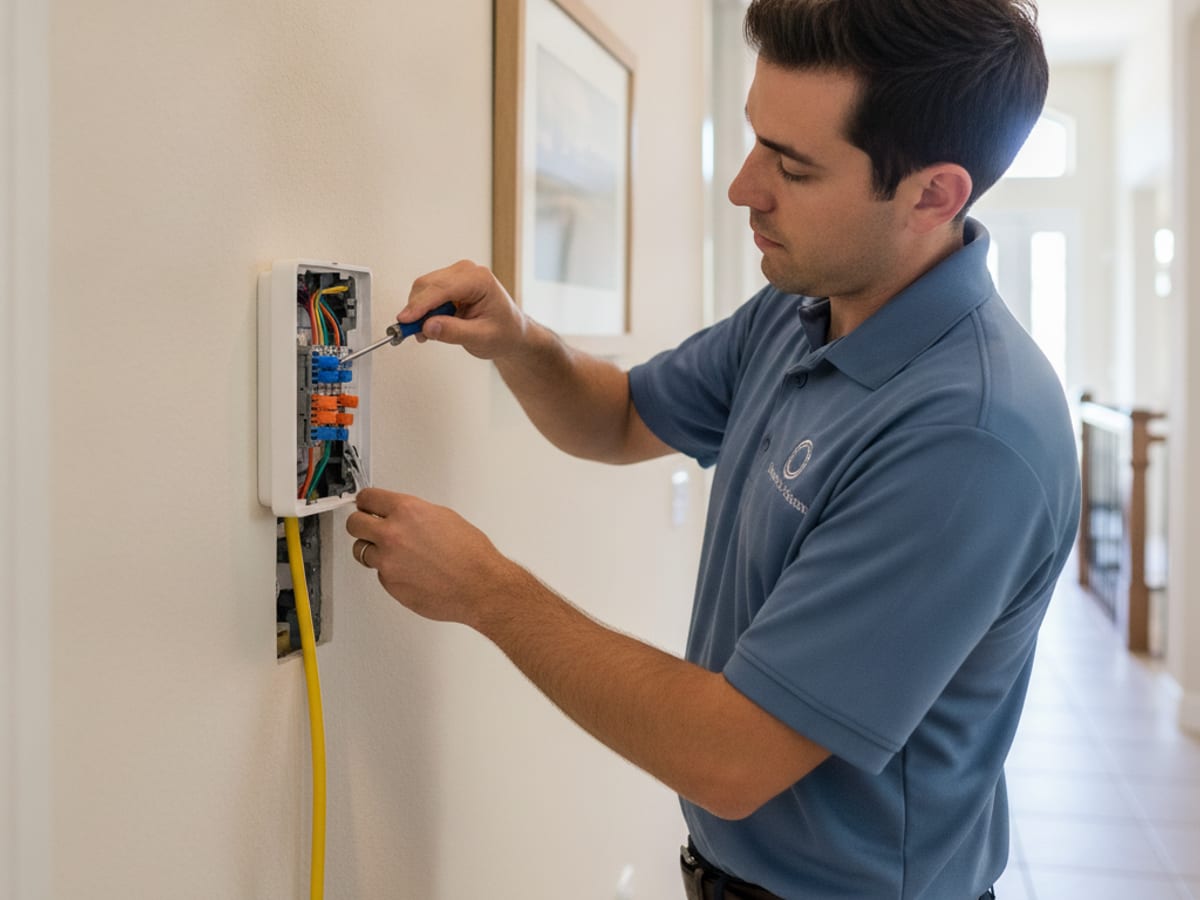 Smart thermostat mounted on a wall inside a Wesley Chapel home